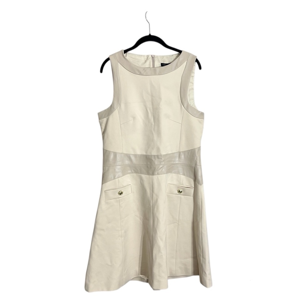 NWT Karen Millen Ponte Faux leather A line flippy mini dress 12 Tall beige - Picture 2 of 13